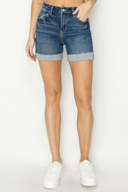 RISEN High Rise Cuffed Denim Shorts.