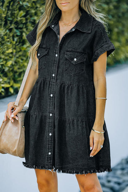 Button Front Raw Hem Denim Dress.