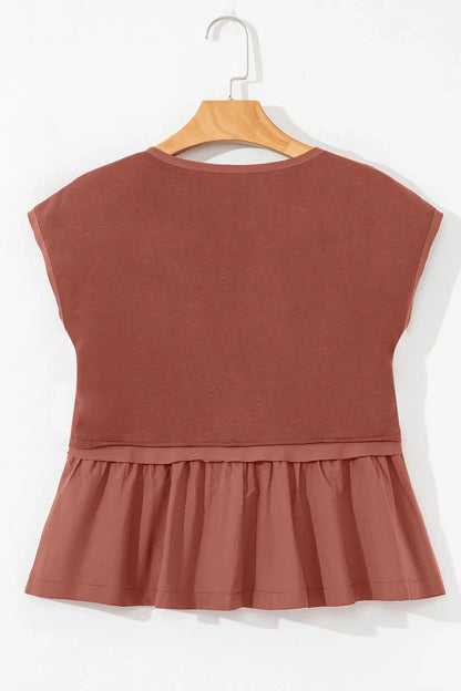 Short Sleeve U Neck Buttons Splicing Ruffle Blouse