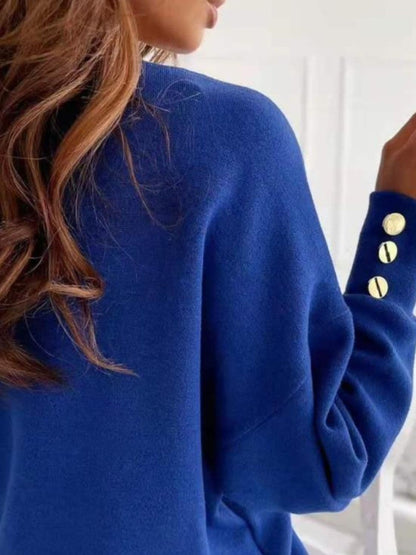 Chic V-neck long sleeve pullover with decorative buttons