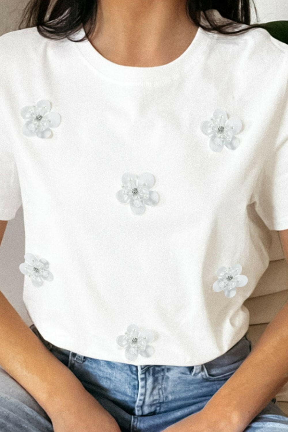 Flower Round Neck Short Sleeve T-Shirt.