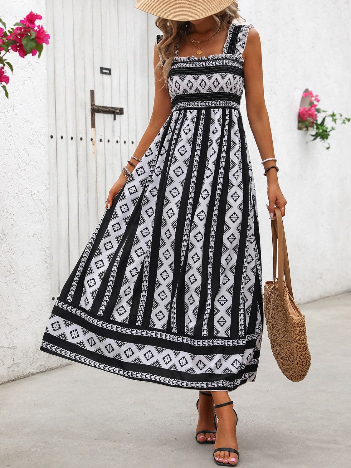 Printed Square Neck Wide Strap Cami Dress.