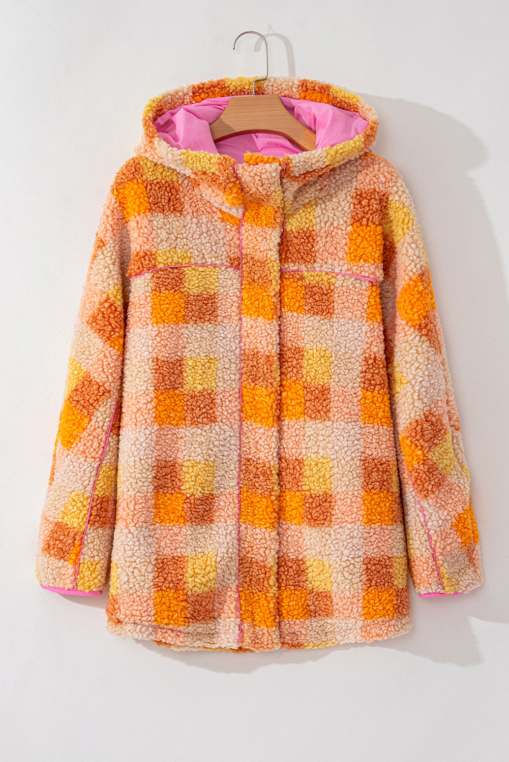 Cozy orange checkered sherpa hooded jacket for stylish warmth