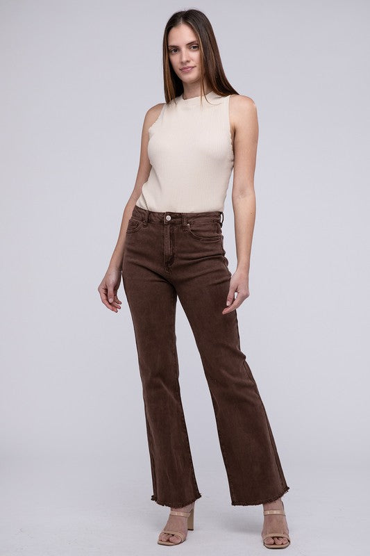 Trendy acid wash frayed hem wide-leg pants