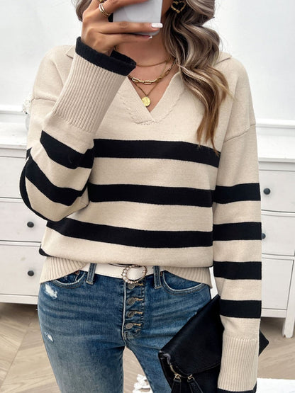 Striped Collared Neck Long Sleeve Sweater.