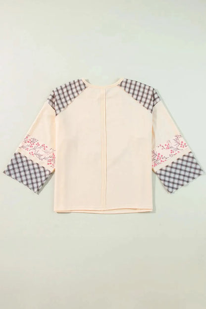 Heart Plaid Round Neck Long Sleeve Blouse