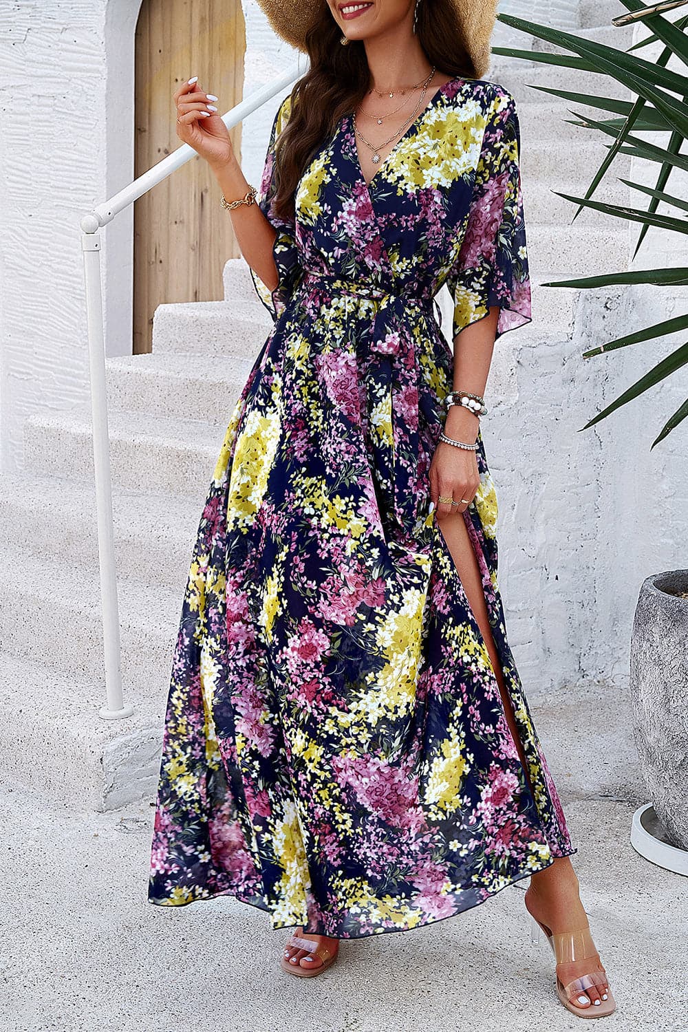 Printed Tied Half Sleeve Slit Dress.