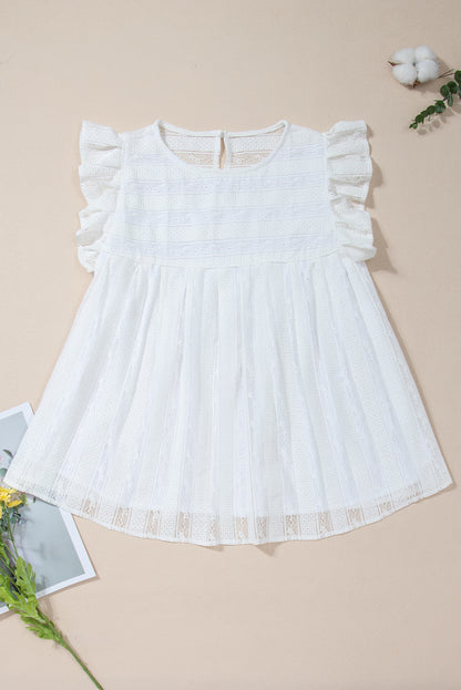 Lace-trimmed white flowy tank top with ruffled accents