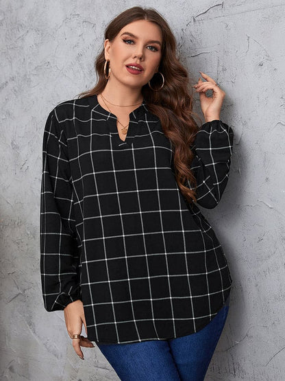 Plus Size Notched Neck Long Sleeve Blouse.