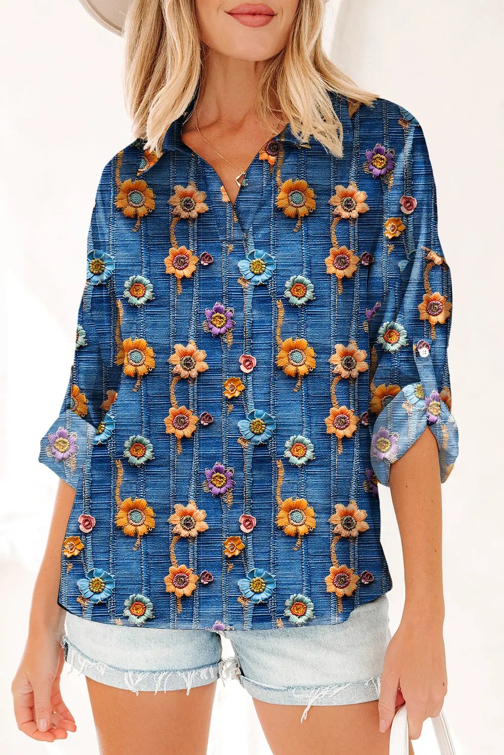 Premium Blue Floral Collared V Neck Roll Up Sleeve Blouse Dear-Lover Dropshipping