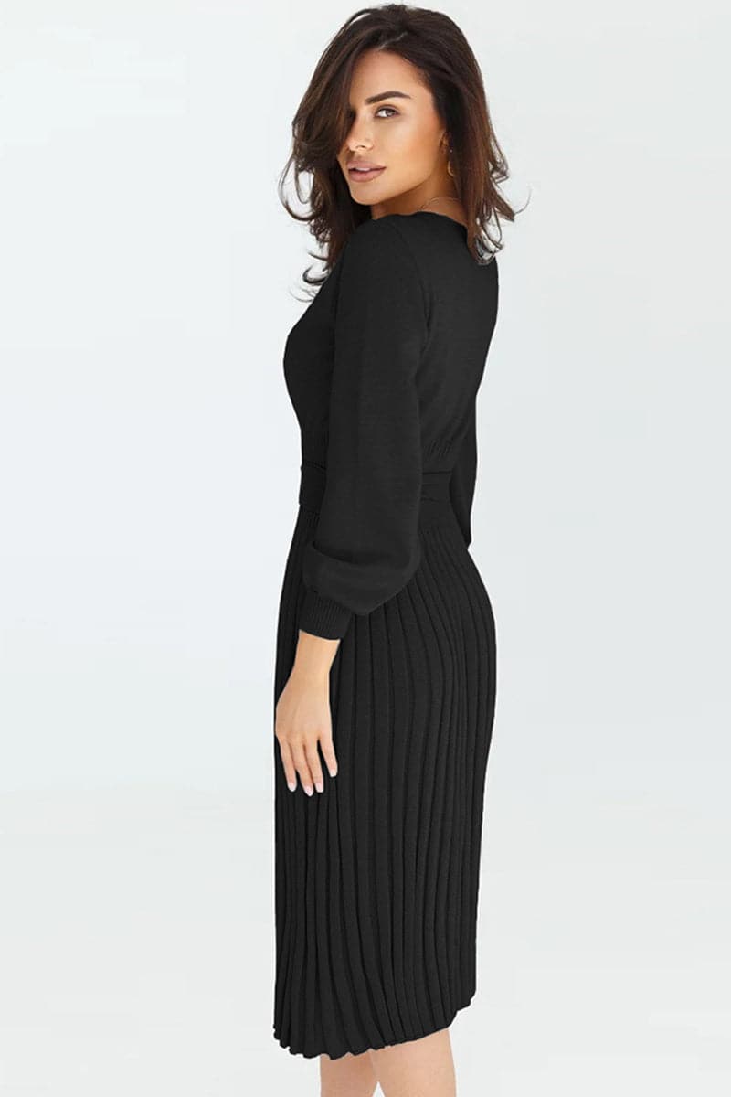 Round Neck Long Sleeve Pleated Sweater Dress.