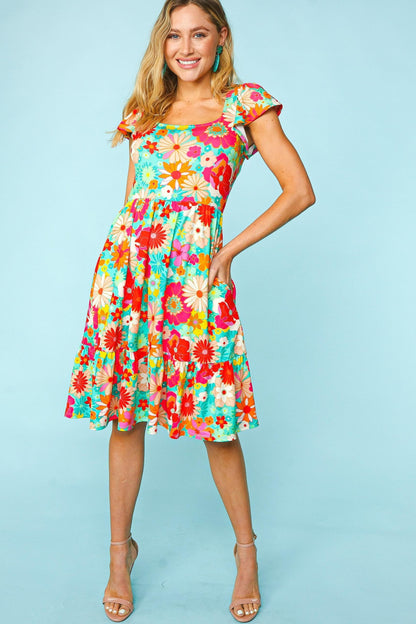 Haptics Floral Square Neck Short Sleeve Dress.