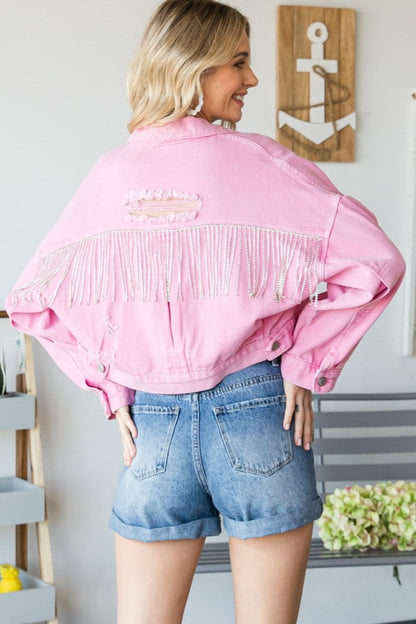 Veveret Fringe Distressed Button Up Denim Jacket.