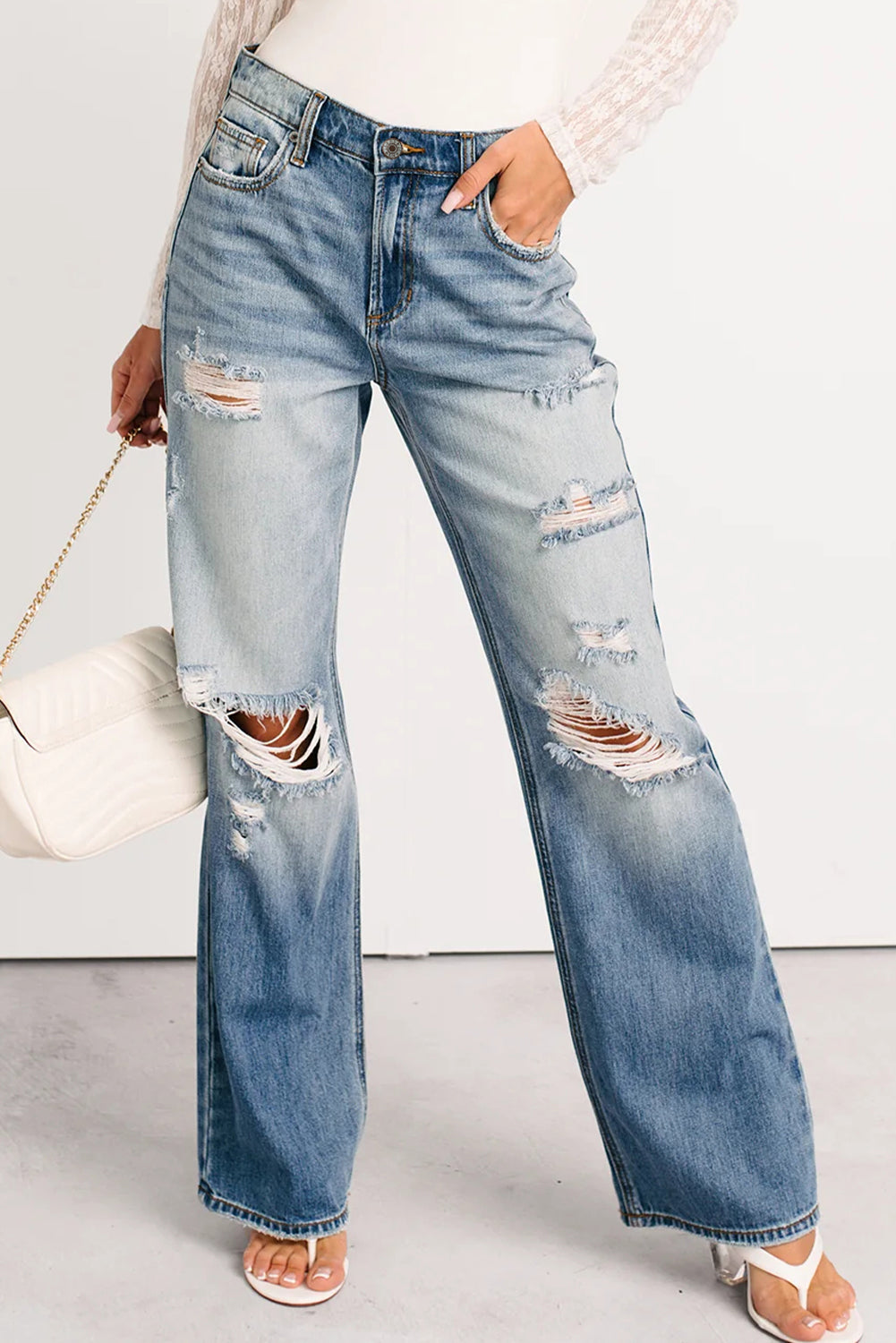 Myosotis Mid Rise Distressed Sneak Peek Straight Leg Jeans Dear-Lover Dropshipping