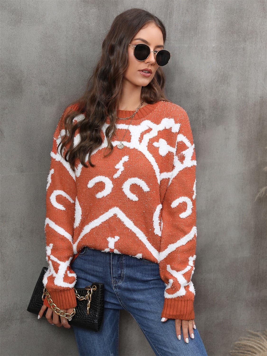 Printed Round Neck Long Sleeve Sweater.