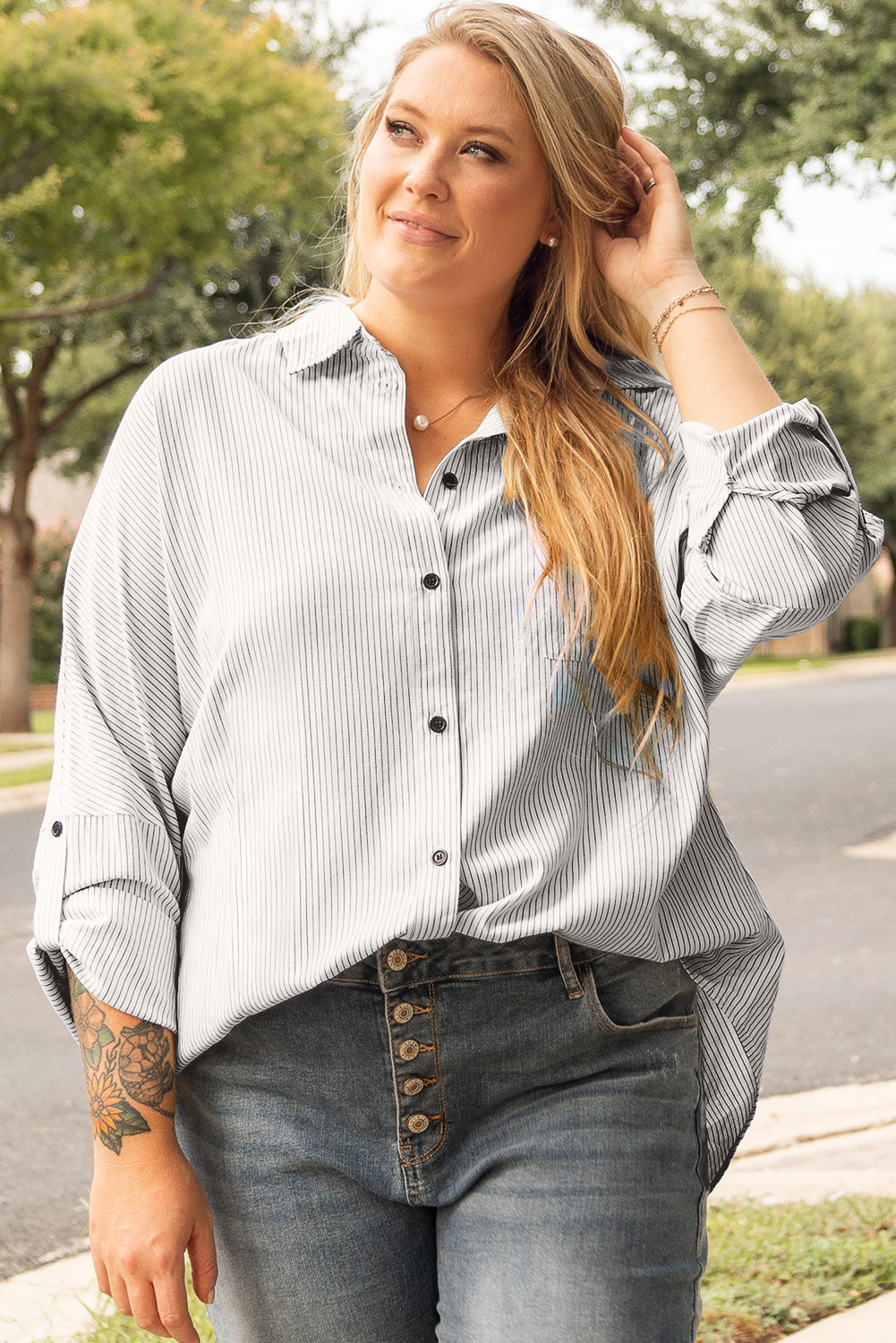 Chic white striped plus size shirt with rolled tab sleeves