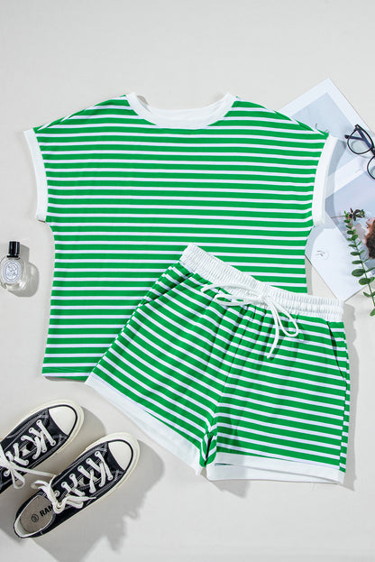 Dark Green Striped Cap Sleeve Top and Shorts Ensemble