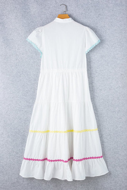 Contrast Trim Button Up Short Sleeve Dress.