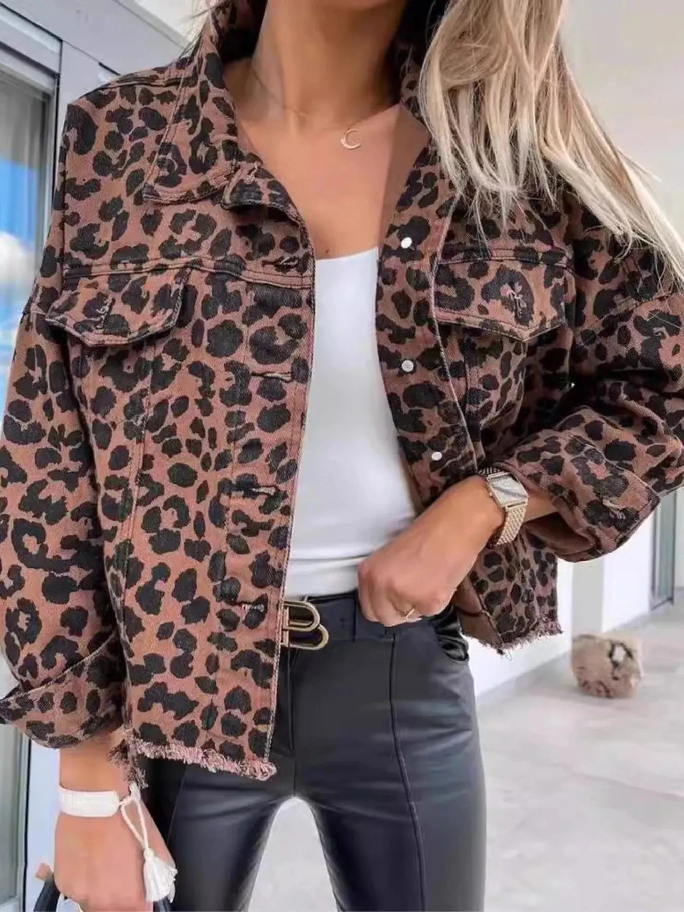 Leopard Print Raw Hem Denim Jacket Coco’s Tee Boutique