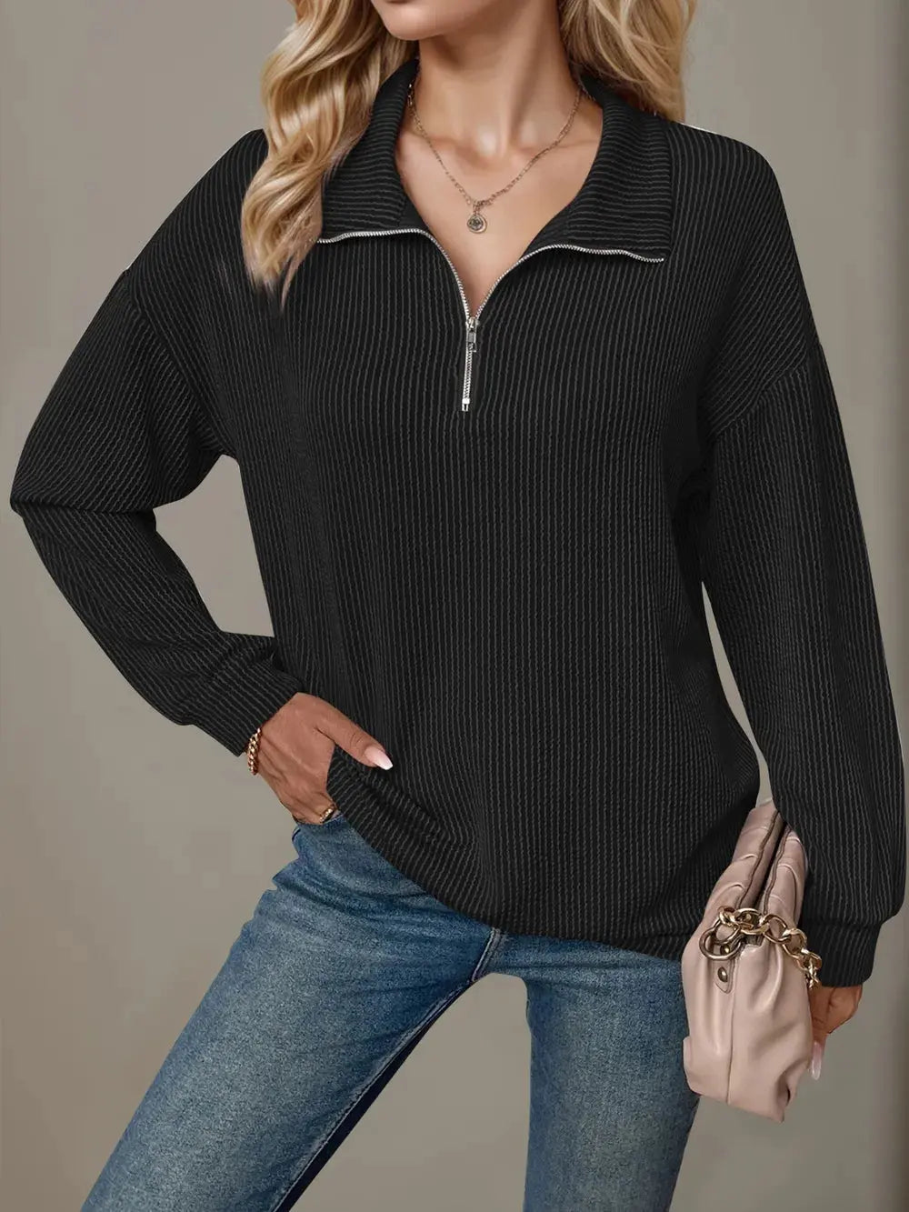 Double Take Striped Half Zip Long Sleeve T-Shirt - Love Salve