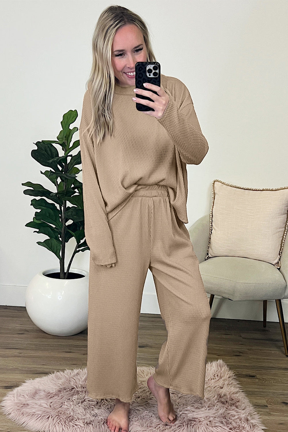 Chic smoke gray oversized pullover and pants ensemble