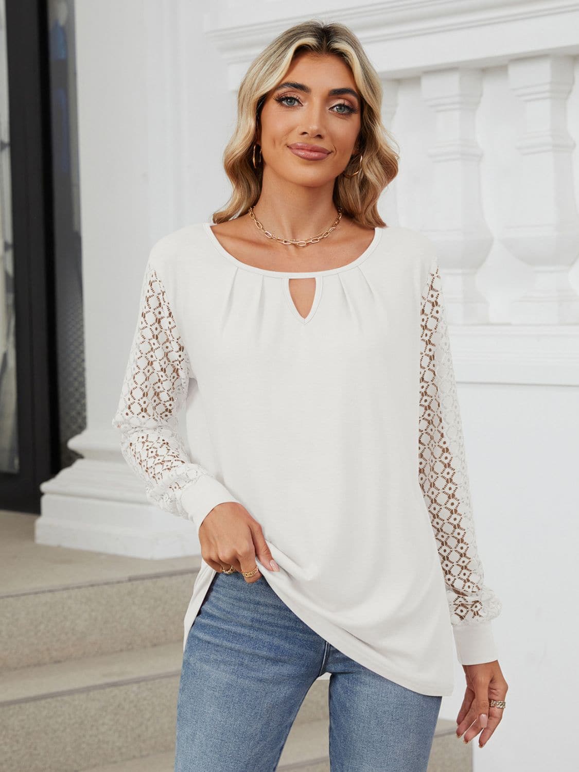 Cutout Round Neck Long Sleeve T-Shirt.