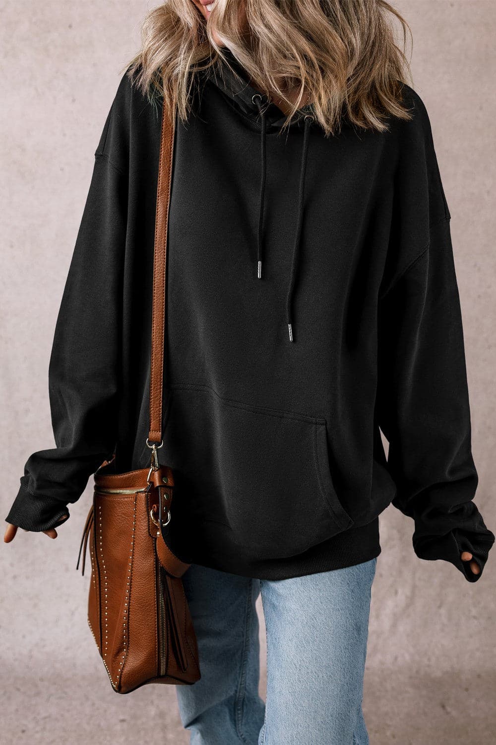 Sheer drawstring pocket hoodie with long sleeves