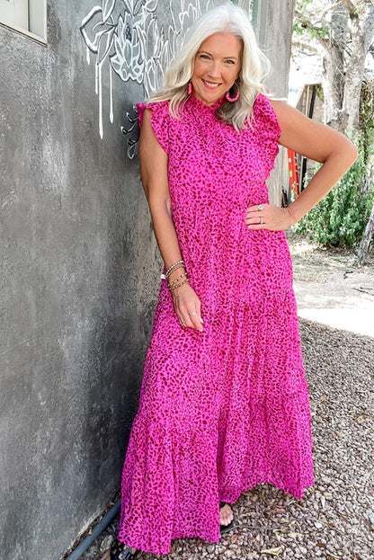 Fierce elegance: Rose red leopard print tiered maxi dress with ruffles