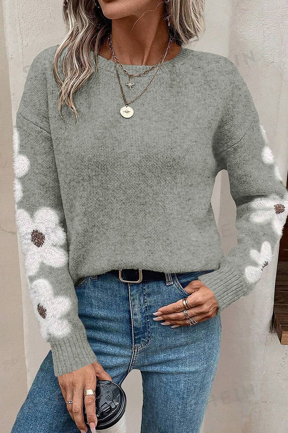 Flower Round Neck Long Sleeve Sweater.