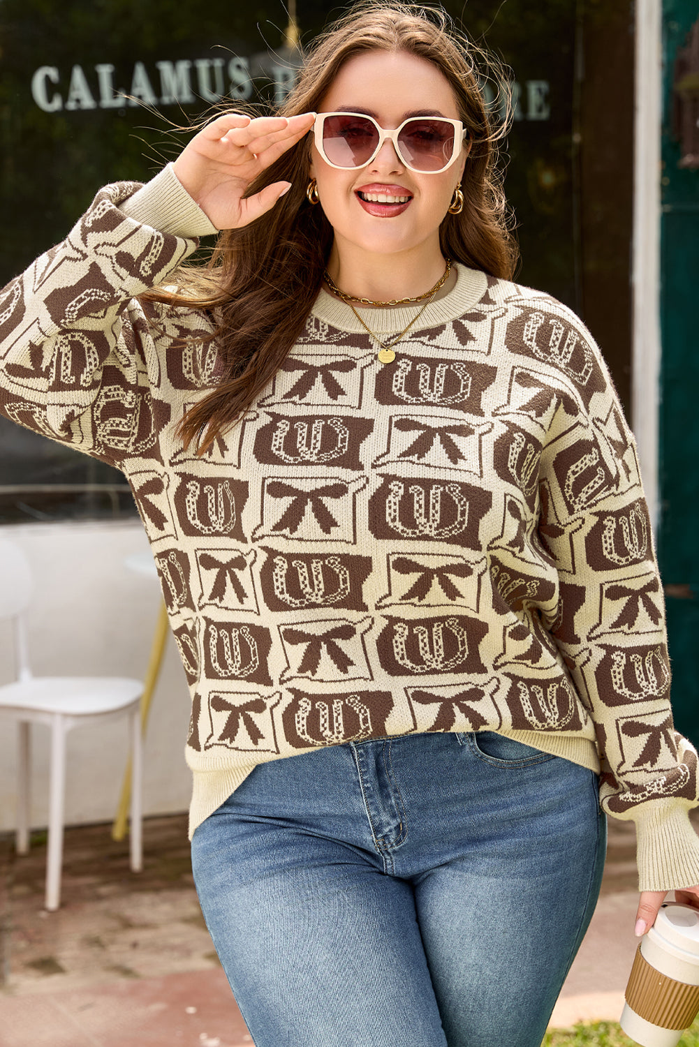 Brown Bow Horseshoe Print Checkered Plus Size Knit Sweater Dear-Lover Dropshipping