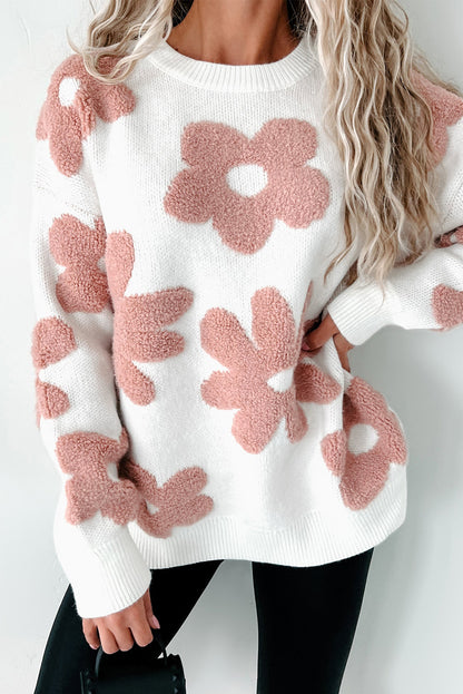 Floral-inspired white drop shoulder sweater for relaxed winter vibes