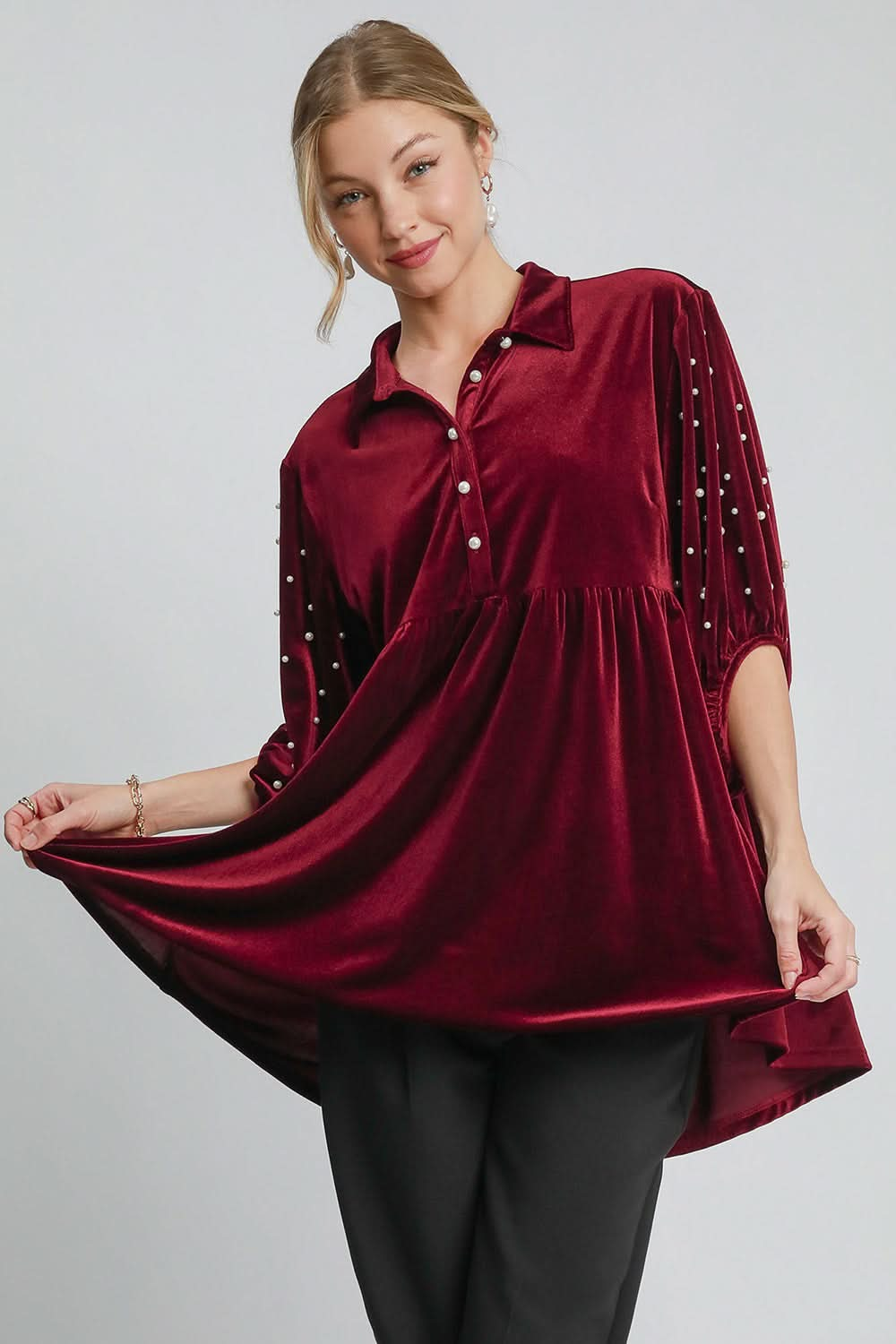 Velvet Babydoll Blouse with Pearl Detail and Collared Neck