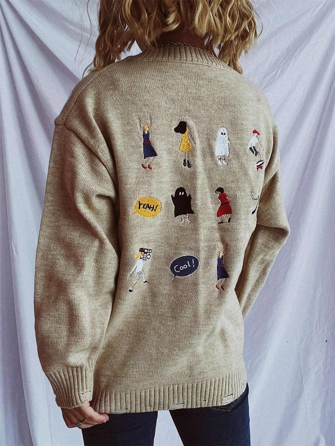 Embroidered oversized sweater with dropped shoulders