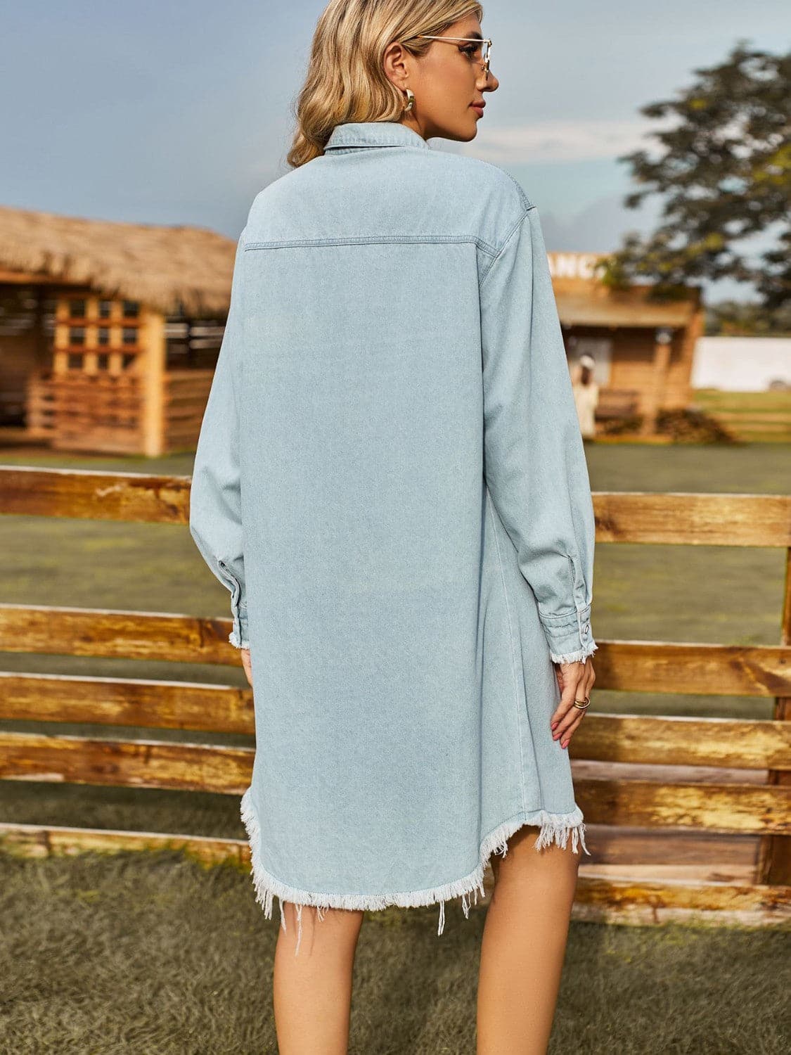 Button Up Collared Neck Raw Hem Denim Dress.