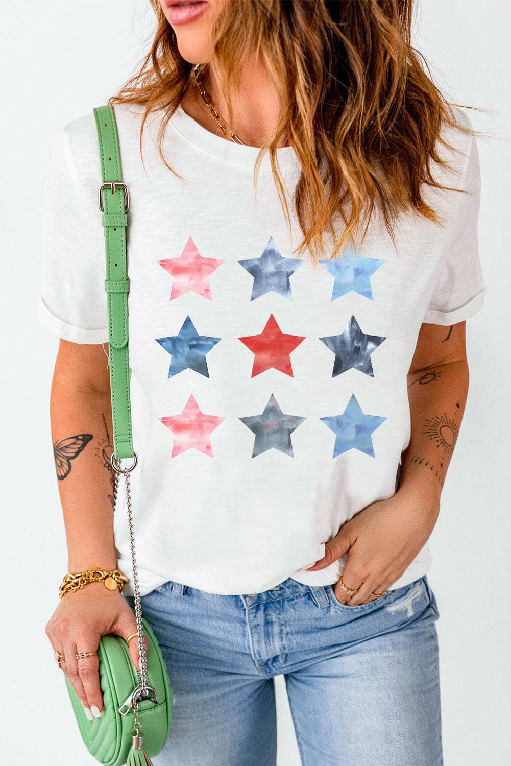 Star Round Neck Short Sleeve T-Shirt.