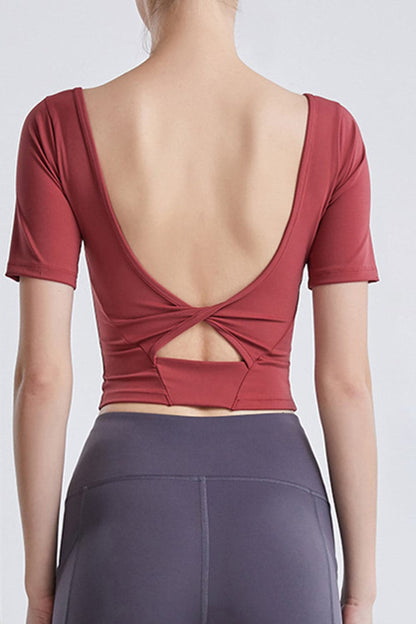 Cutout Backless Round Neck Active T-Shirt.