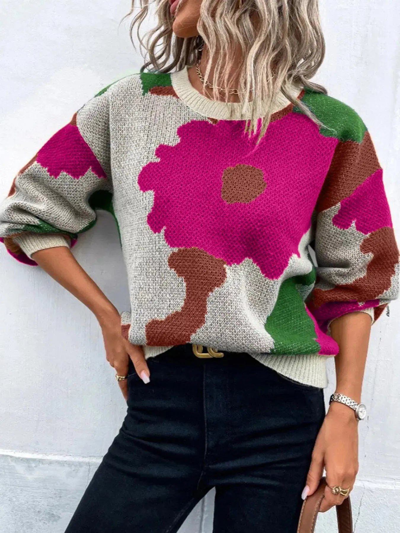 Floral Pattern Round Neck Sweater Simply Love