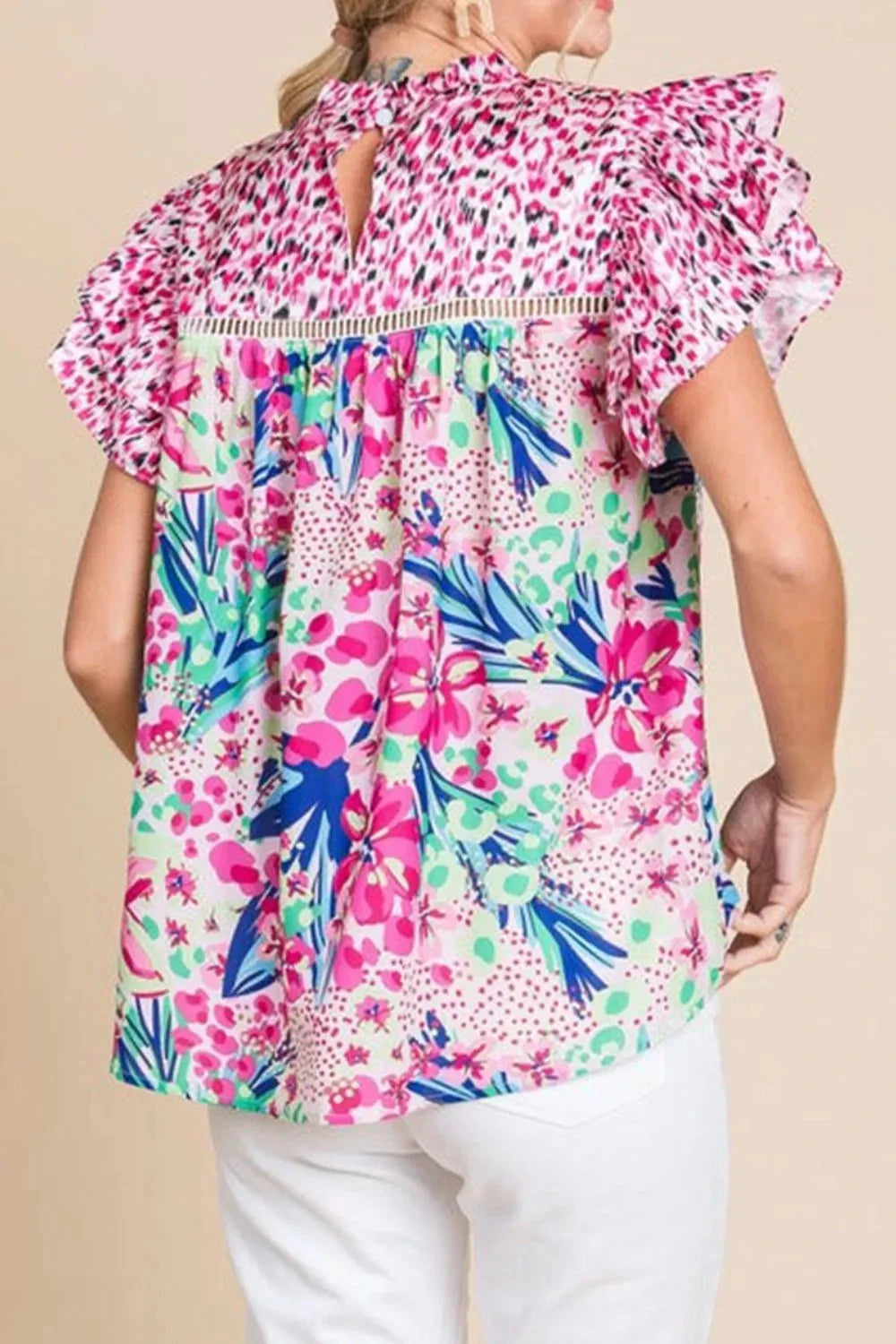 Floral Mixed Print Ruffle Cap Sleeve Blouse Simply Love