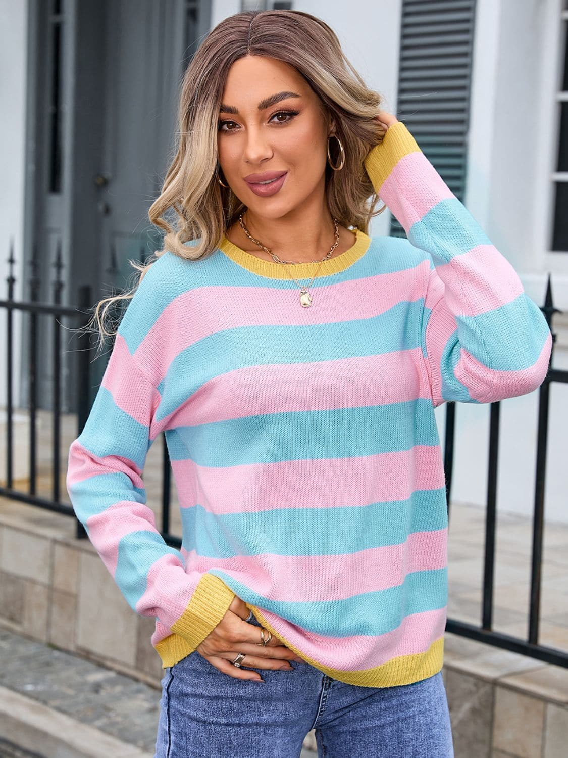 Striped Round Neck Dropped Shoulder Sweater.