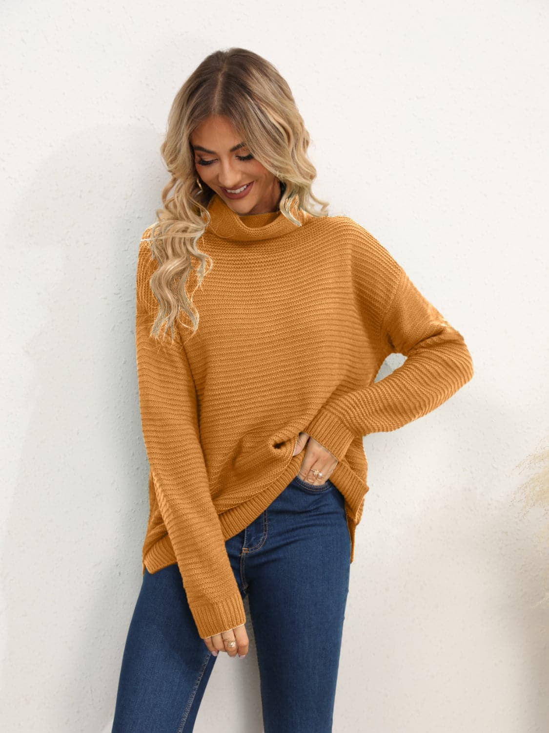 Slit Turtleneck Dropped Shoulder Sweater.