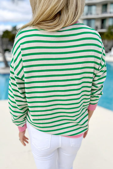 Bright green striped long sleeve top with contrast edges