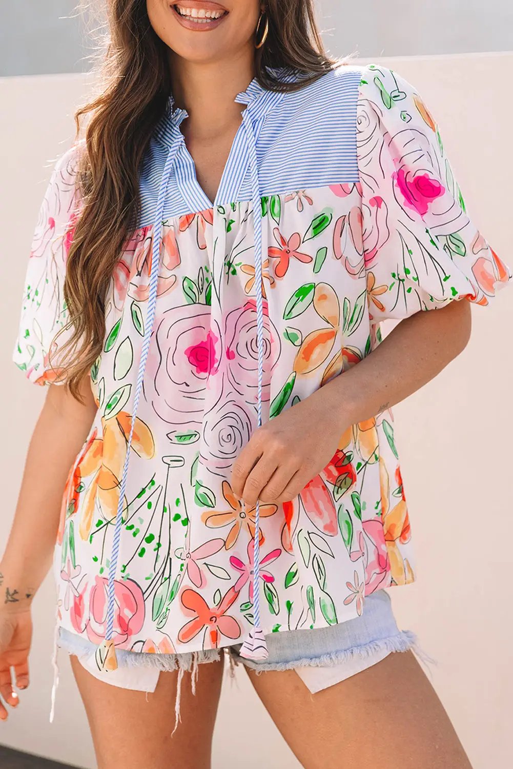 Cameron Floral Striped Yoke Blouse with Puff Short Sleeves and Frilled V Neck - Love Salve 