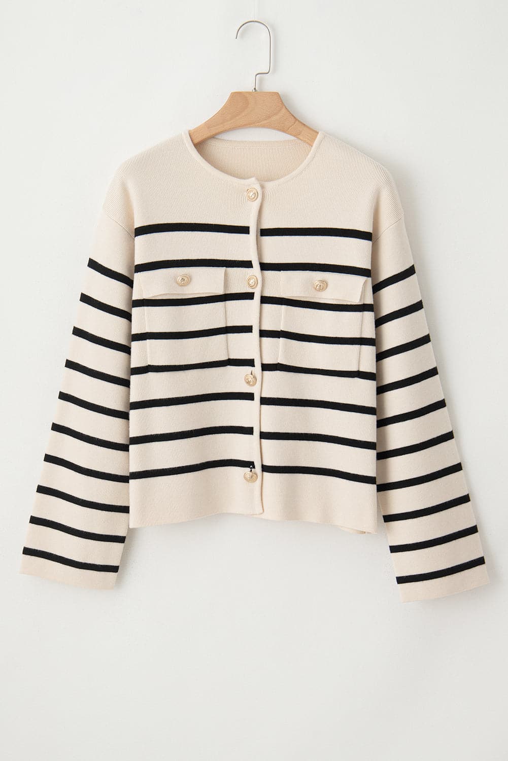 Striped Button Up Round Neck Cardigan.