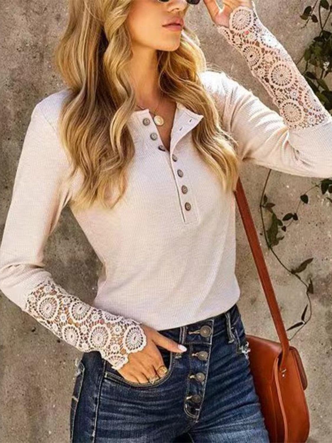 Lace detail button-up tee