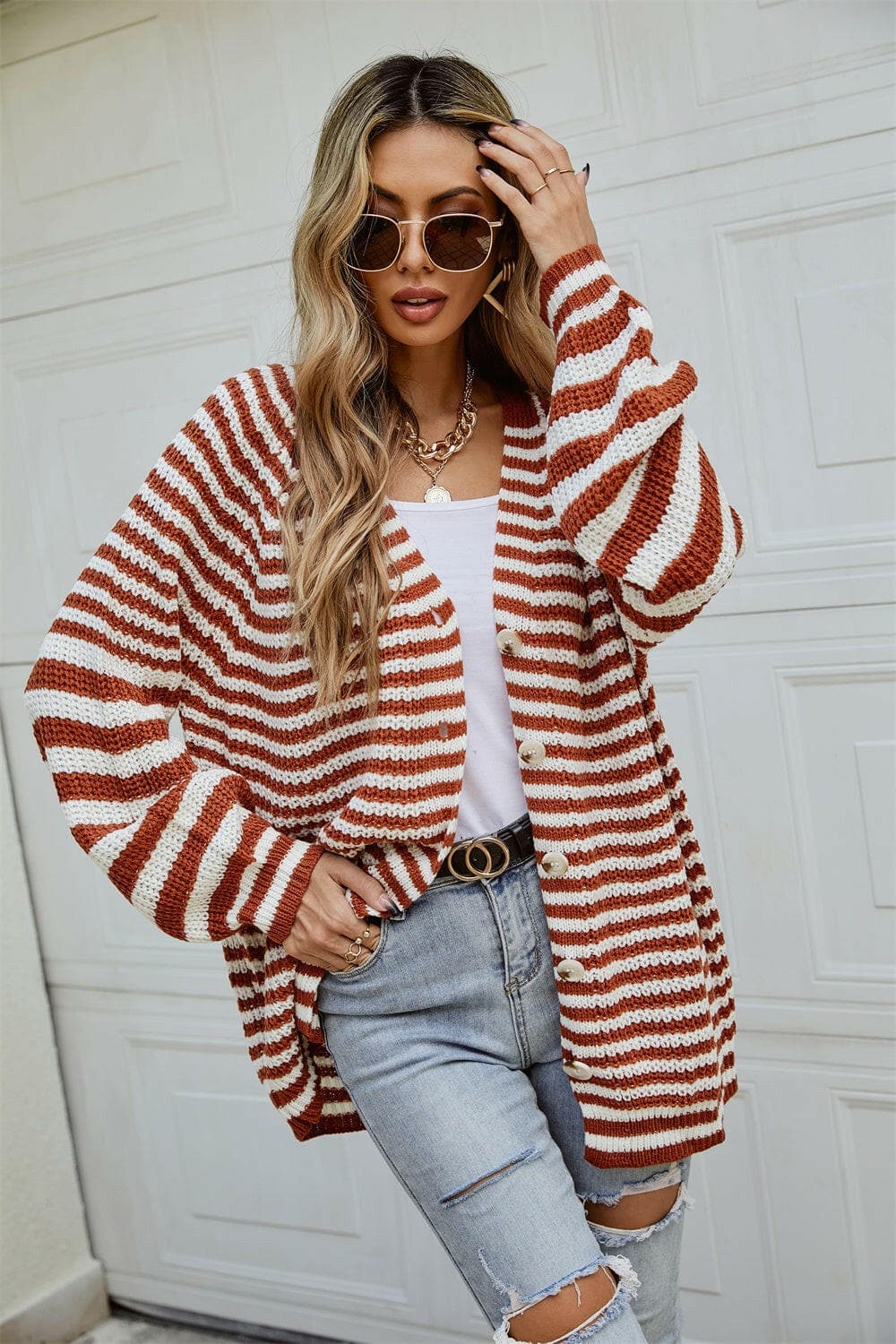 Striped Button Up Long Sleeve Cardigan.