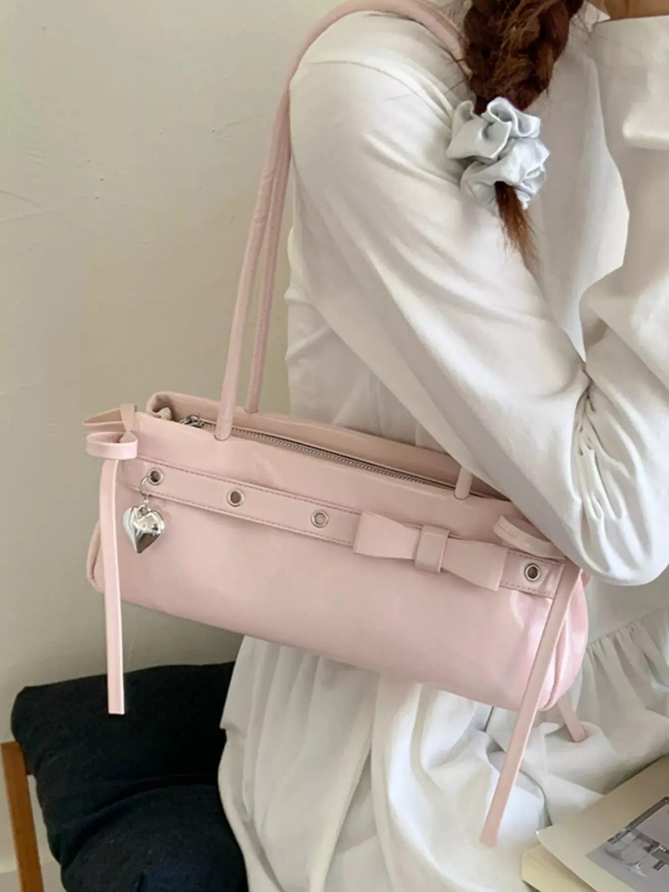 PU Leather Small Shoulder Bag With Heart Charm Elegant Tote Simply Love