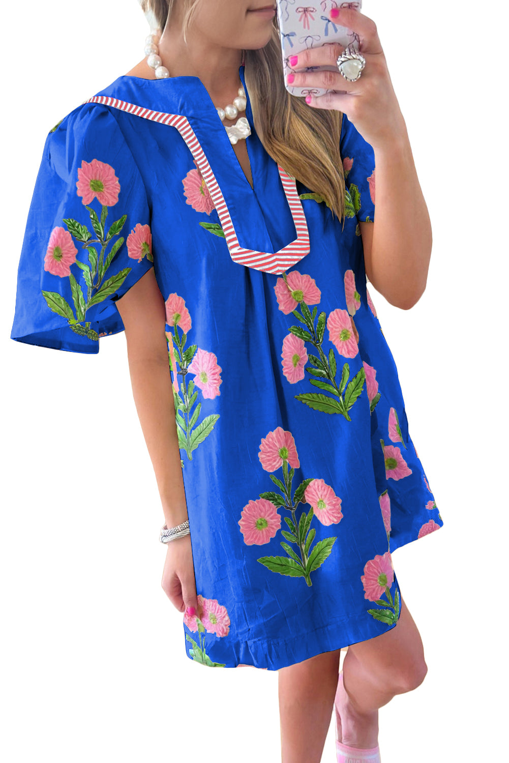 Blue Floral Short Sleeve Split Neck Loose Mini Dress - Love Salve 