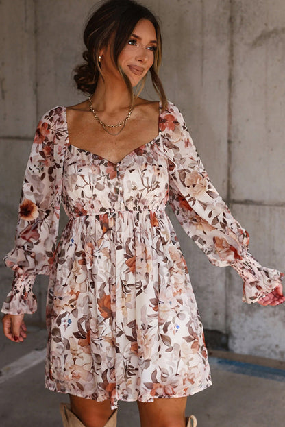 White Floral Print Sweetheart Neck Long Sleeve Mini Dress