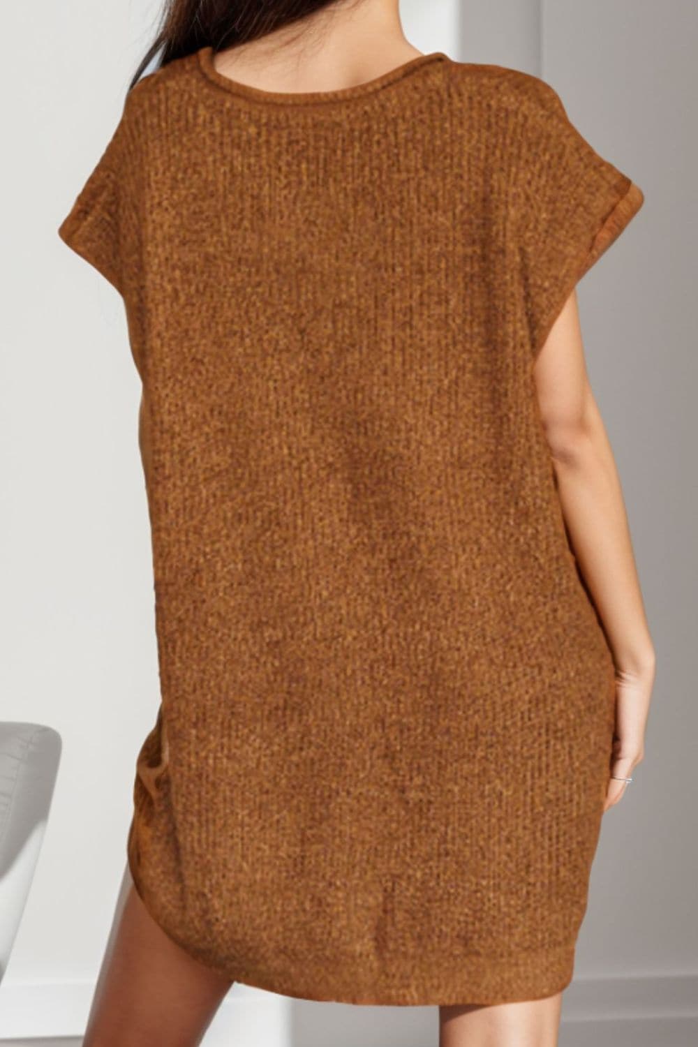 Notched Cap Sleeve Mini Sweater Dress.