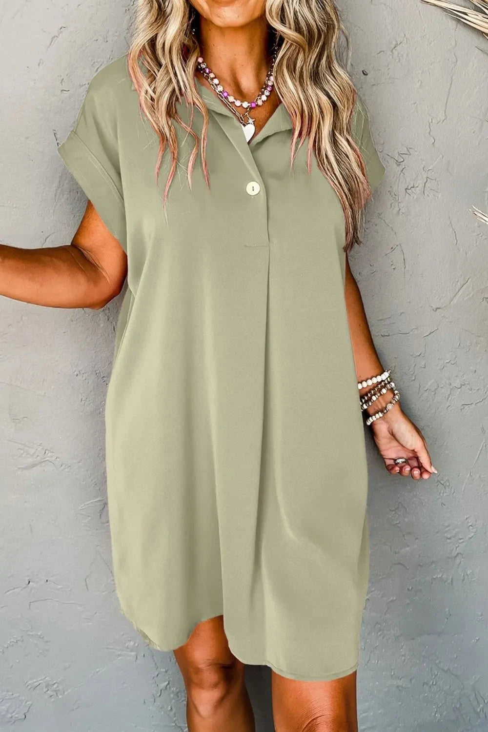 Collared Neck Short Sleeve Mini Dress Simply Love